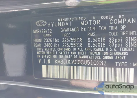 2012 Hyundai Tucson Limited from USA, damaged, VIN KM8JUCACOCU510232